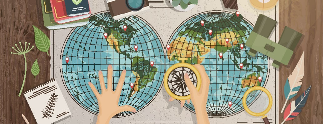 Two globes and a compass graphic