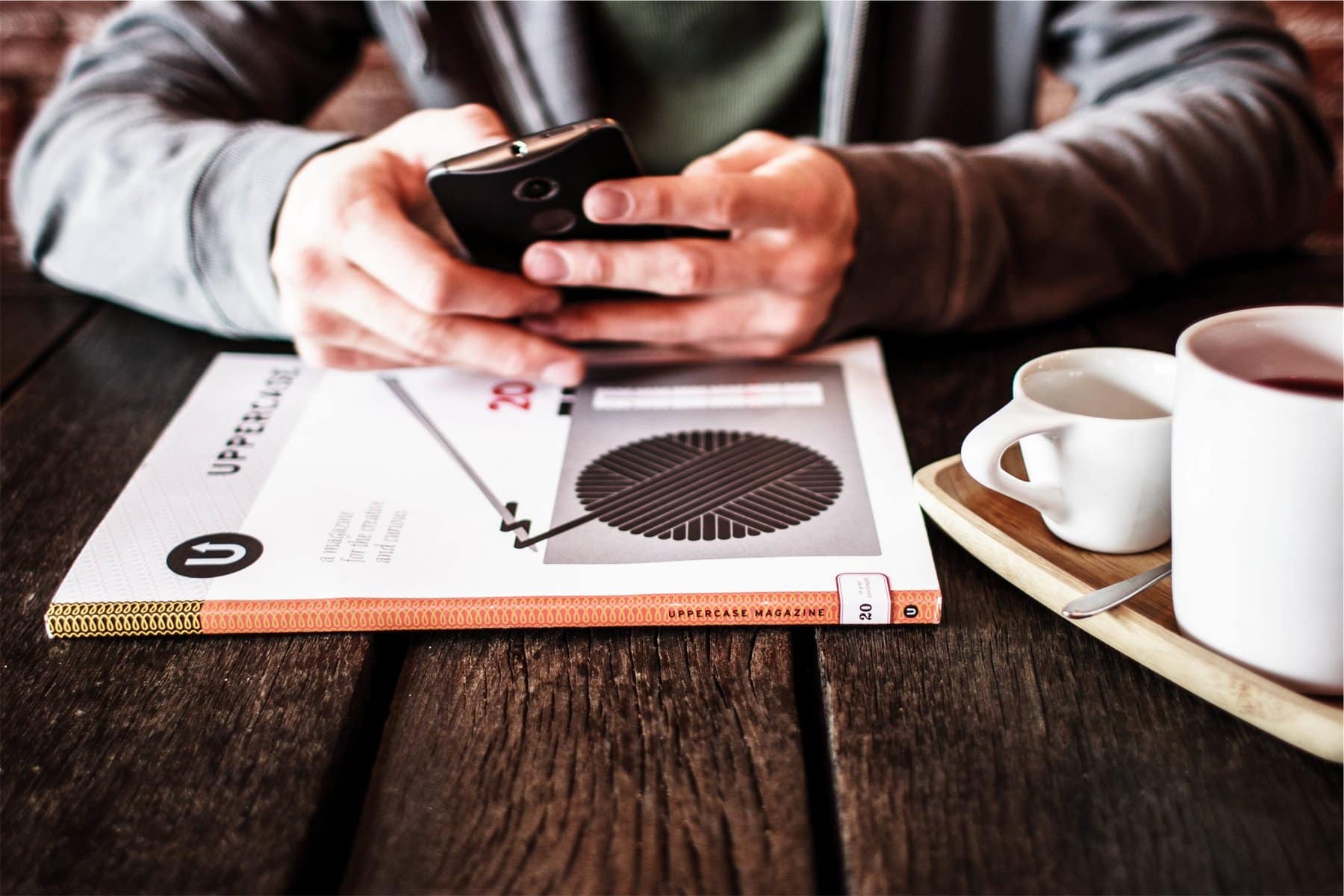 A man with his cellphone, book and coffee